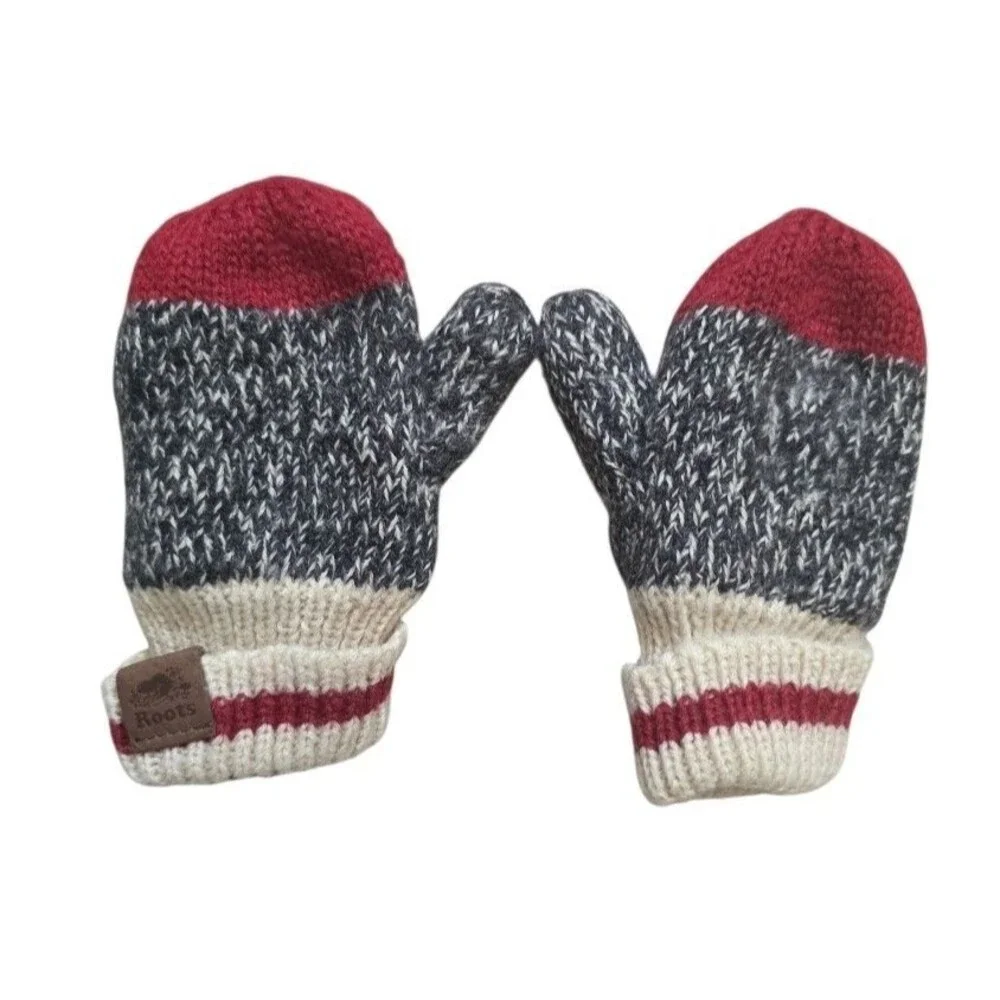 Roots Canada Baby Toddler Mittens Knit Gray Red Winter Outdoor Ski Sledding